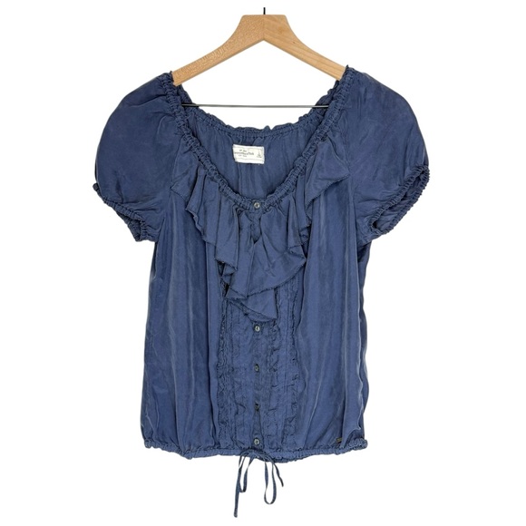 2010 ABERCROMBIE & FITCH Womens Top Dark Blue Ruffled Silk Short Sleeve Shirt L - Picture 1 of 7